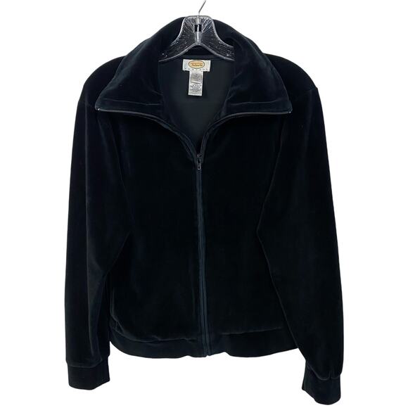 TALBOTS PETITES M Black Velour Velvet Full-Zip Workout Jacket Athleisure Lounge - Picture 3 of 12